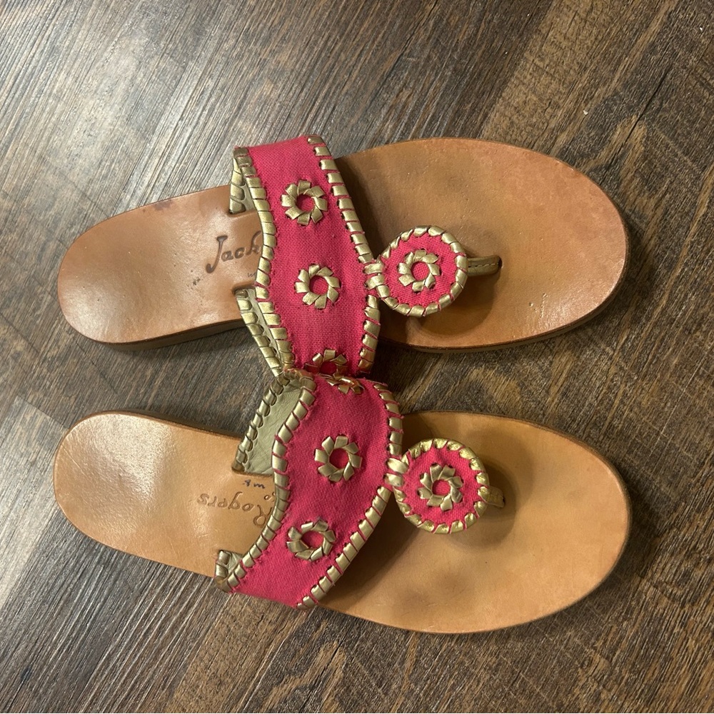 Jack Rogers Jacks Pink Gold Sandals Size 8 Flat Leather Summer Preppy Classic
